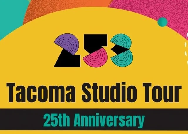Tacoma Studio Tour 25th Anniversary poster: a black, purple, pink and teal 253 over yellow, with orange and pink circles behind
