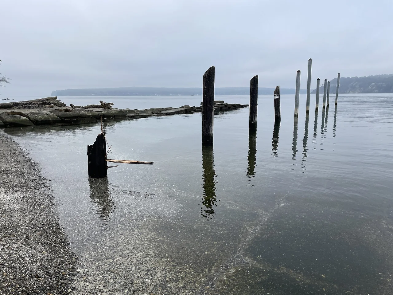 Old wooden pilings recede across still gray water beside Titlow’s shore.